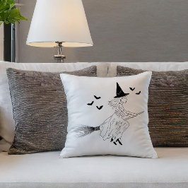 Minimal svart konst av Witch och Fladdermus Hallow Kudde