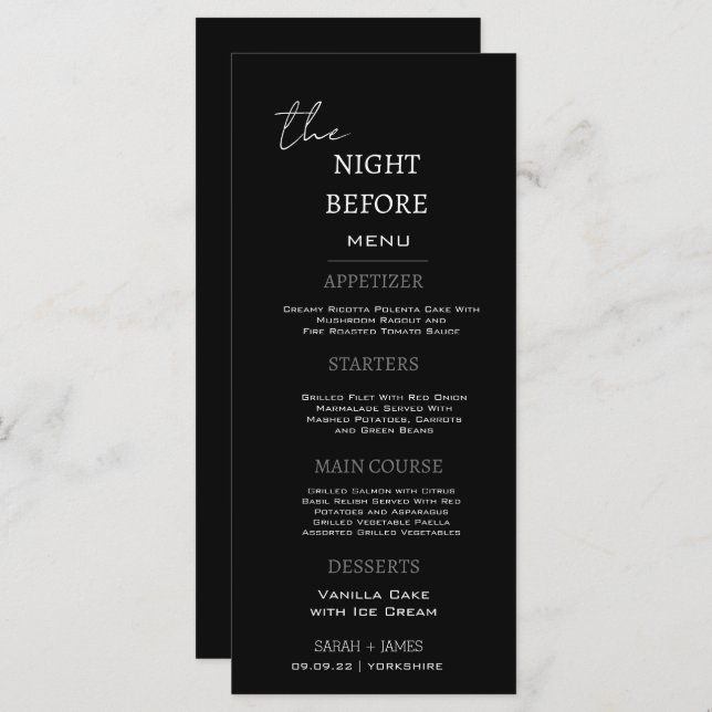 Minimal svart middag natten före Bröllop Meny (Fram/baksida)