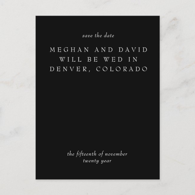 Minimal, svart, modern Elegant Spara datum Meddelande Vykort (Framsida)