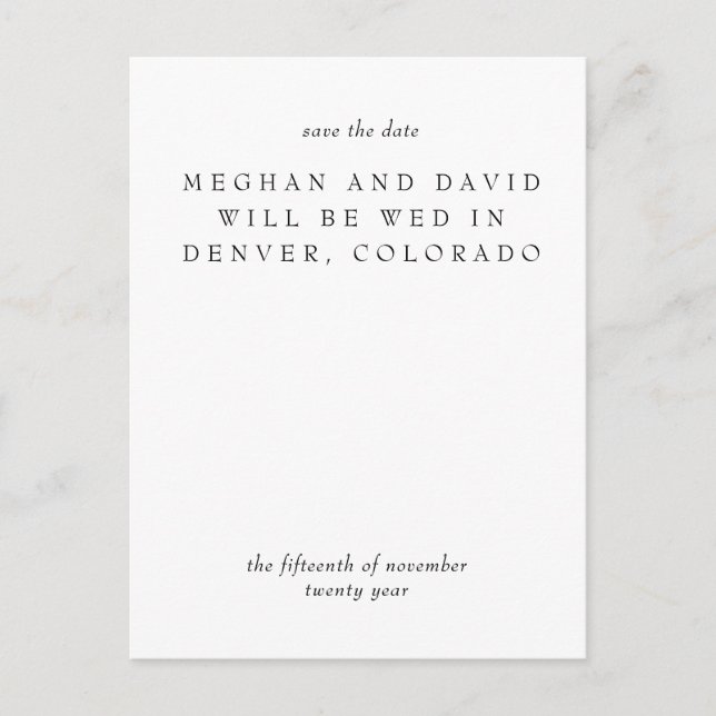 Minimal, svart, modern Elegant Spara datum Meddelande Vykort (Framsida)