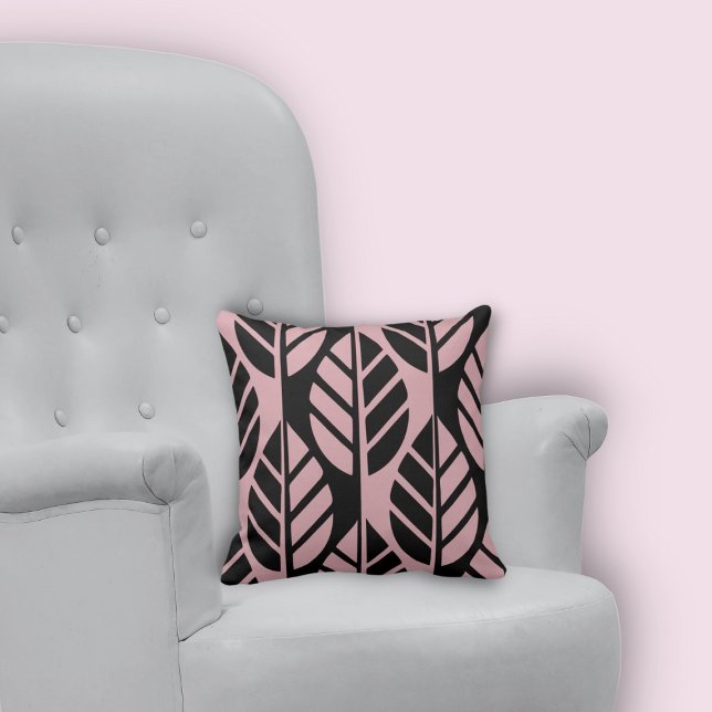 Minimal Svart- och Rosa-Löv med elegans Kudde (Minimal Stylized Black and Pink Leaves Pattern Throw Pillow)