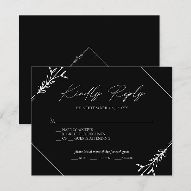 Minimal svart och vit meny för brölloppsval RSVP (Fram/baksida)
