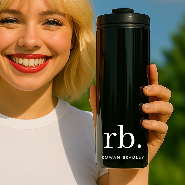 Minimal svart och vit monogram klassisk Elegant (Sleek black modern monogram custom thermal tumbler.)