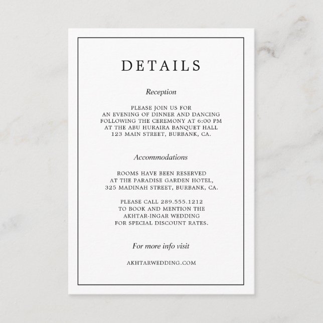 Minimal Svart och Vit Typografi Bröllopsdetaljer Tilläggskort (Framsida)