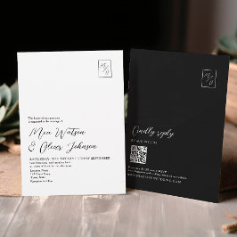 Minimal Svart och Vitt Monogram Bröllops QR-kod Inbjudningar