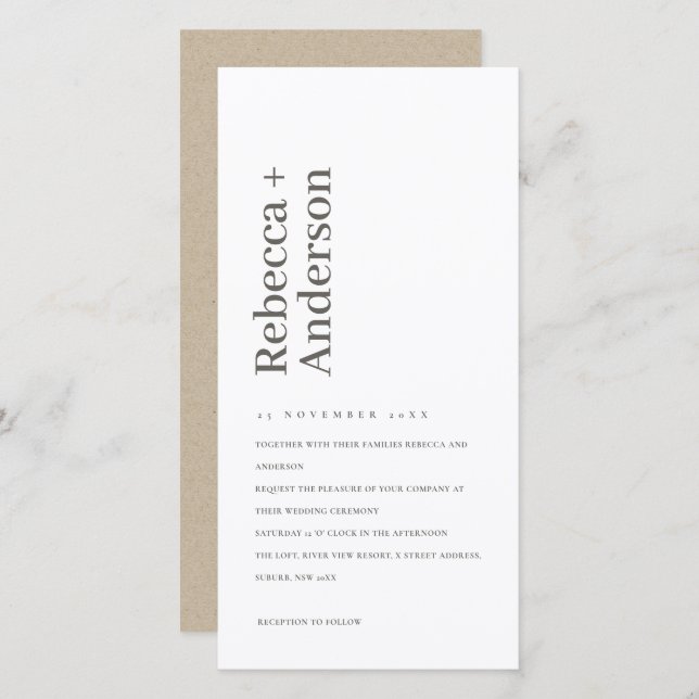 MINIMAL SVART- OCH VITTYPOGRAFIS WEDDING INVITE TACK KORT (Fram/baksida)