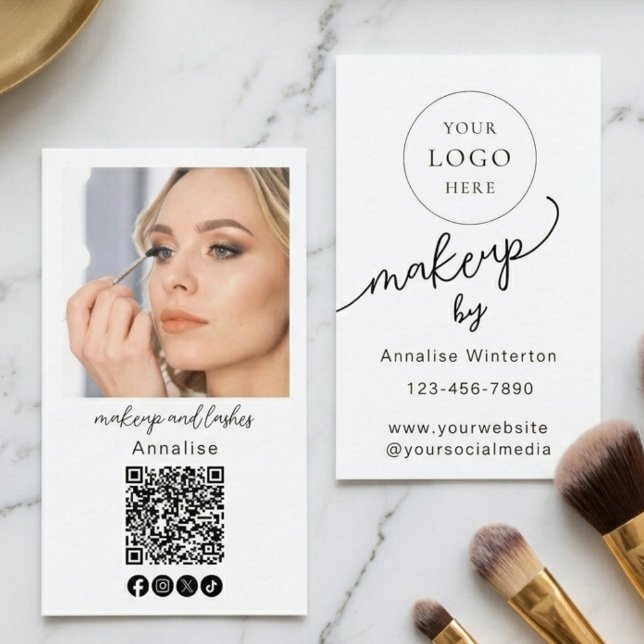 Minimal svart skriptlogotyp QR-kod foto smink Visitkort (Skapare uppladdad)