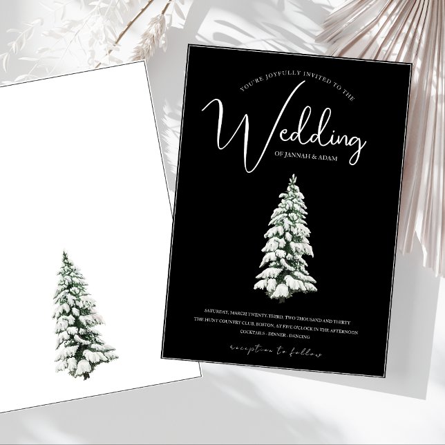 Minimal Svart Snöig Tall VinterHochstidsfirande Inbjudningar (Winter Black and White Snowy Pine Tree Wedding Invitation)