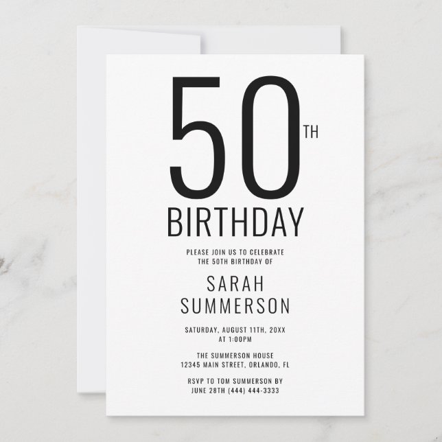 Minimal Svart Vit 50-årsfest Inbjudningar (Framsida)