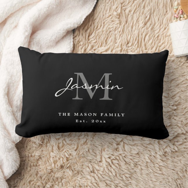 Minimal Svart Vit Familj Monogram Elegant Lumbarkudde (Filt)
