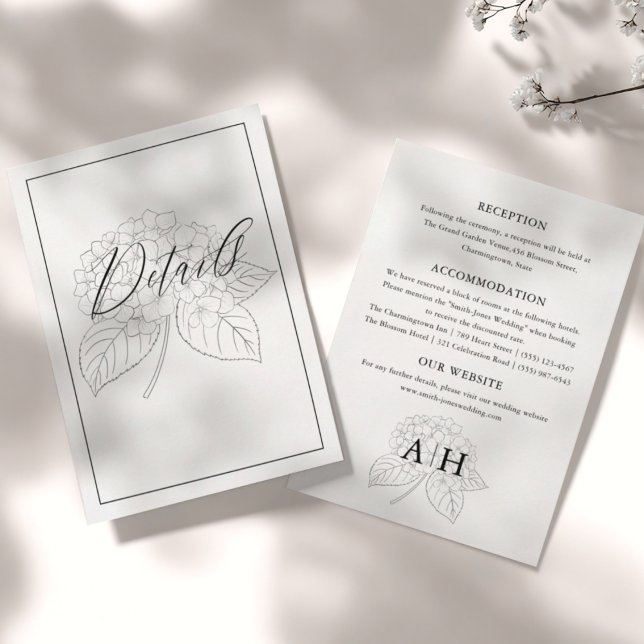 Minimal Svart & Vit Hortensia Bröllopsdetaljer  Tilläggskort (Skapare uppladdad)