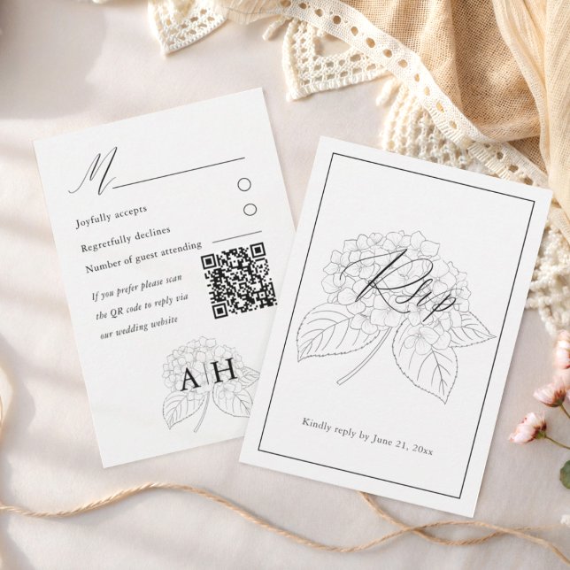 Minimal Svart & Vit Hydrangea Bröllops RSVP OSA Kort (Skapare uppladdad)