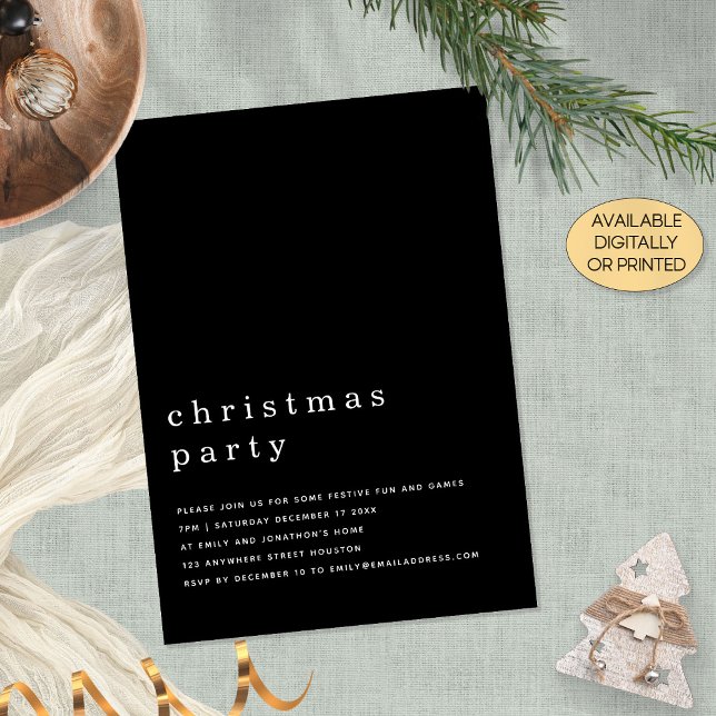 Minimal svart vit jul, svart Party Inbjudningar (Available digitally or printed)