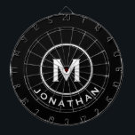 Minimal svart vit klassisk monogram Namn Darttavla<br><div class="desc">Modern svart kartong med klassisk blocktypografi inledande och namn i vitt. Anpassa till namn och börja med.</div>