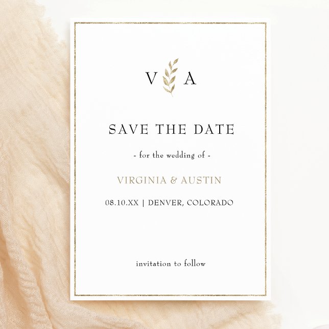 Minimal svart vit | LÖV GULD GRÄNS BRÖLLOP Spara Datumet (monogram Minimal Black White & Gold Leaf Border Wedding Save The Date
)