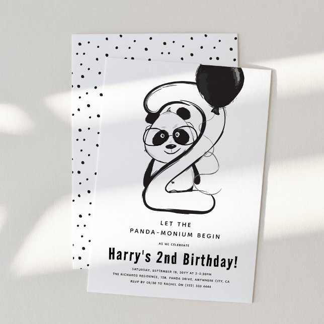 Minimal Svart & Vit Panda 2-års Födelsedagsfest Inbjudningar (Skapare uppladdad)