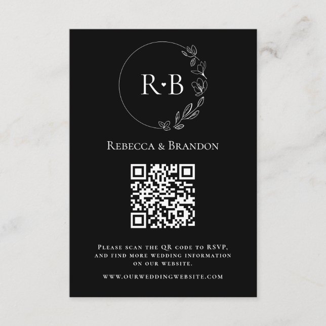 Minimal Svart Vit QR-kod RSVP Monogrammets Anpassa Tilläggskort (Framsida)