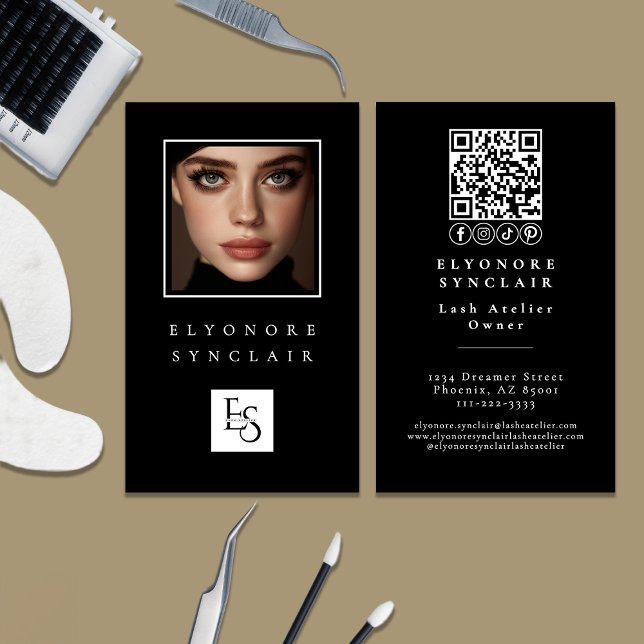 Minimal Svart Vit Skrift Lash Foto Logo QR Visitkort (Skapare uppladdad)