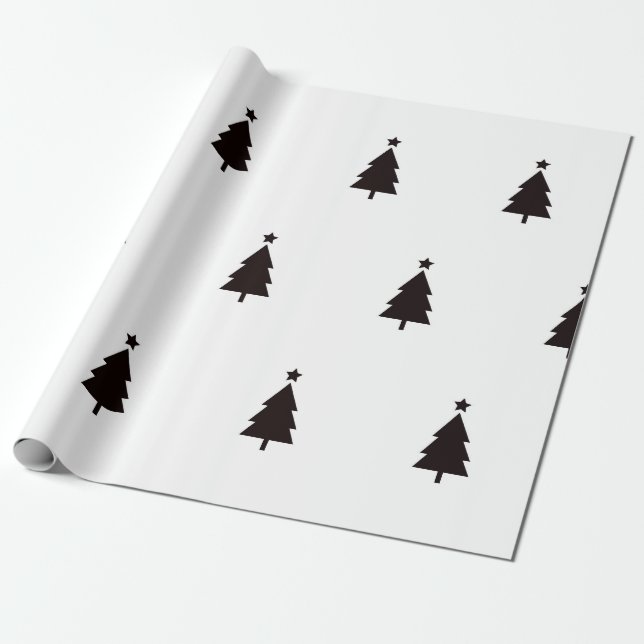 Minimal Svart Vitt Julträd Stjärnor Mönster Presentpapper (Utrullad)