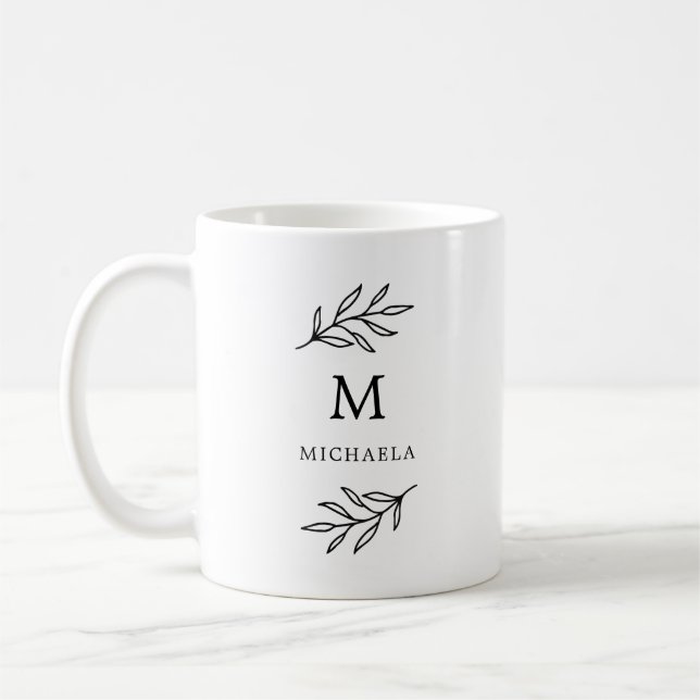 Minimal svartvit botaniskt Löv Monogram Kaffemugg (Vänster)
