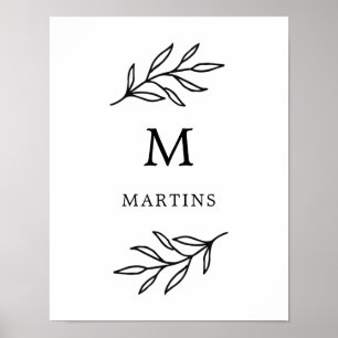 Minimal svartvit botaniskt Löv Monogram Poster