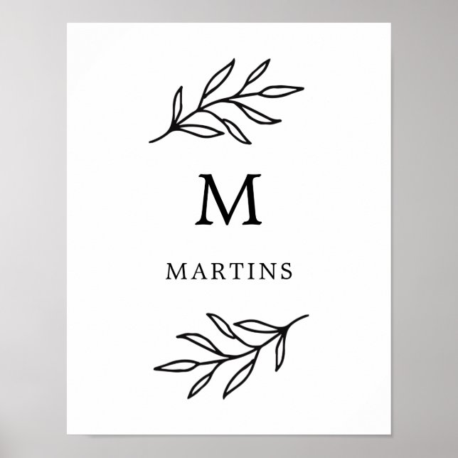 Minimal svartvit botaniskt Löv Monogram Poster (Framsidan)