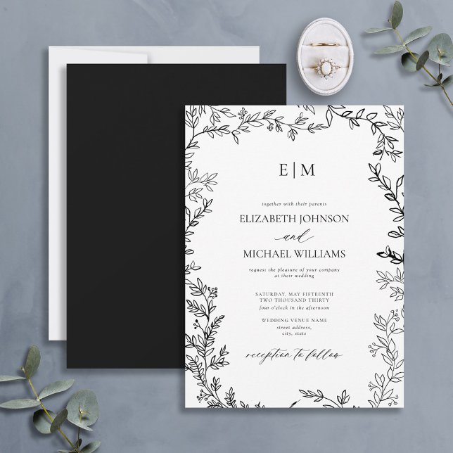 Minimal svartvit Elegant i Löv, Monogram Bröllop Inbjudningar (Skapare uppladdad)
