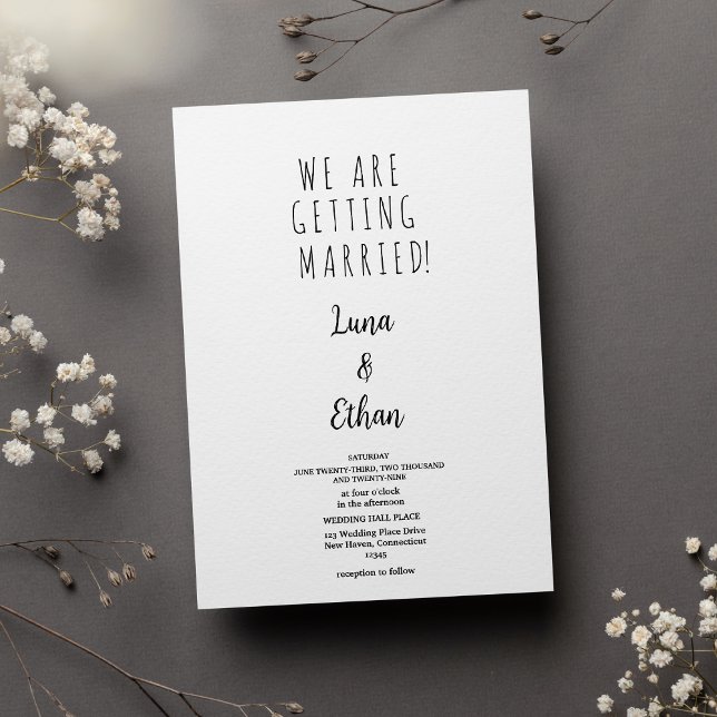 Minimal svartvit elegant-typografi bröllop inbjudningar (Minimal black white elegant typography wedding)