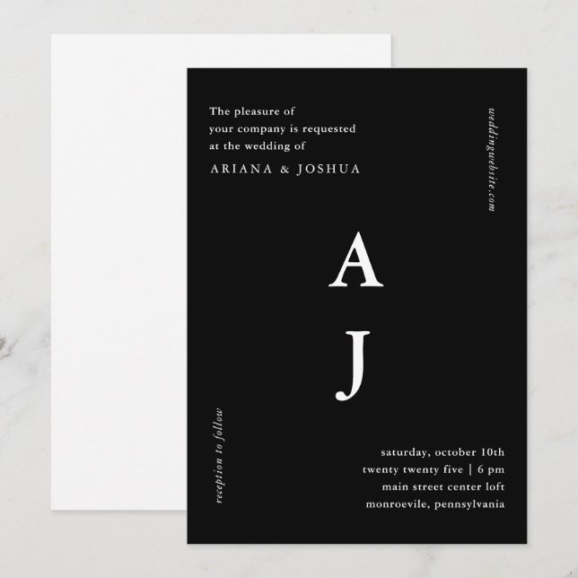 Minimal svartvit monogram Bröllop Inbjudningar (Fram/baksida)