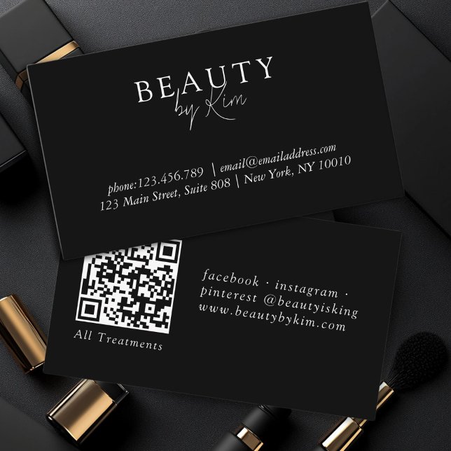 Minimal svartvitt-Elegant, Salon QR-kod Visitkort (Black & White Minimal Elegant, Salon QR Code Business Card)