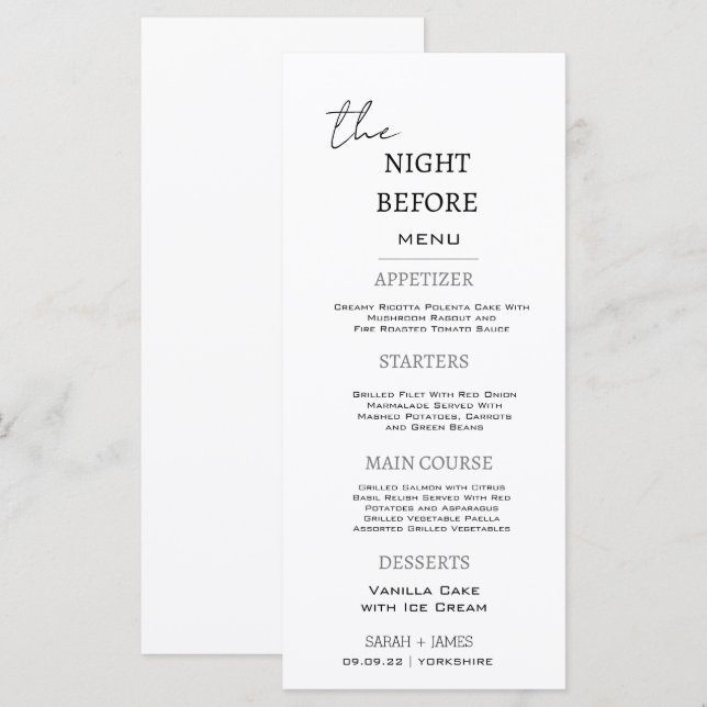 Minimal svartvitt natten före Bröllop Meny (Fram/baksida)