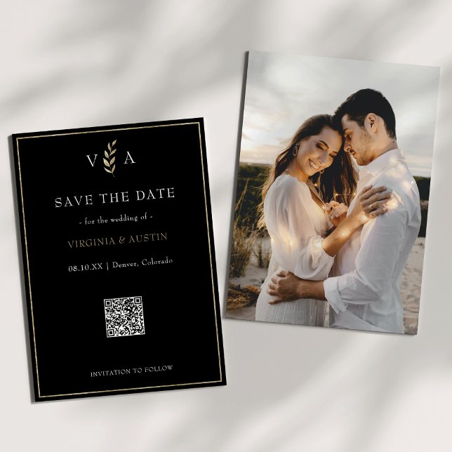 Minimal Svartvitt och Guld QR-kod Bröllop Spara Datumet (Minimal and Chic Black White & Gold Photo Back and QR Code Wedding Save The Date)