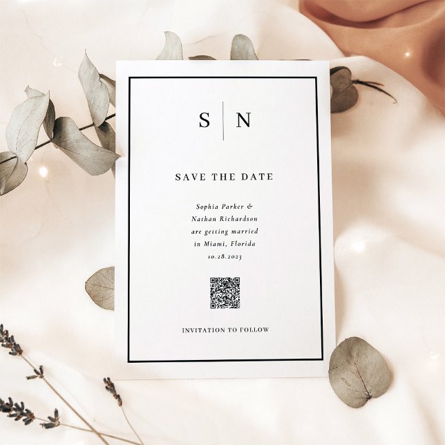 Minimal svartvitt och svartvitt QR-Chic Spara datu Magnetisk Inbjudningskort (An elegant, black and white magnetic save the date card with scannable QR code)