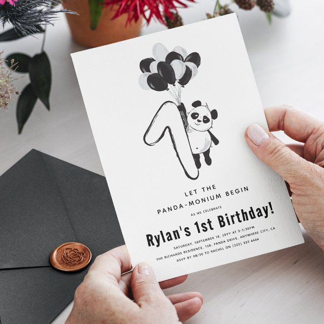 Minimal svartvitt-panda 1:a födelsedag Party Inbjudningar (Skapare uppladdad)