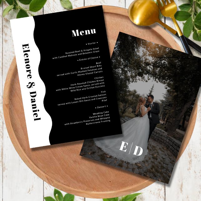 Minimal svartvitt | Side Wave Photo Bröllop Meny (Minimal Black and White | Side Wave Photo Wedding Menu)