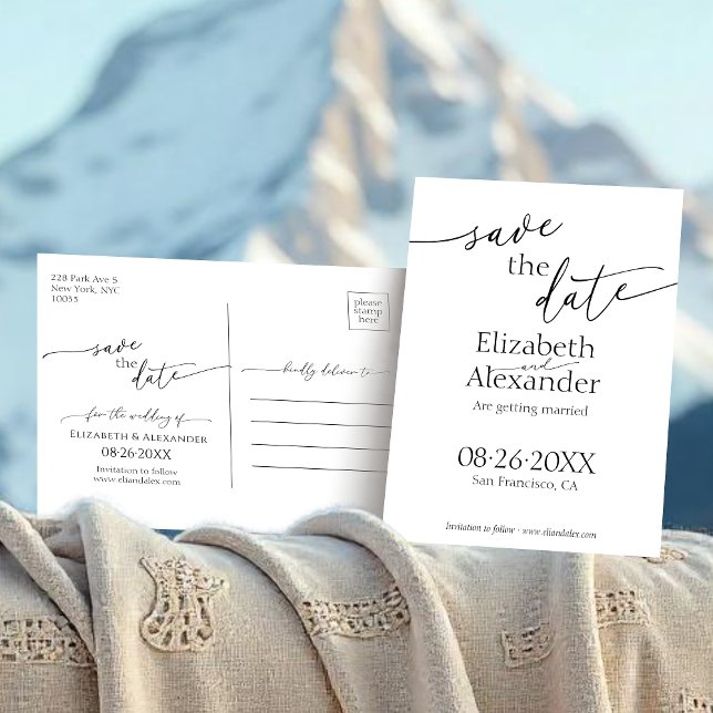 Minimal svartvitt skript Finare Spara datum Vykort (Skapare uppladdad)