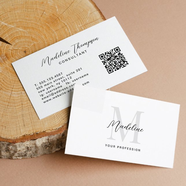 Minimal svartvitt, skript, QR-kod, vitt monogram Visitkort (Skapare uppladdad)
