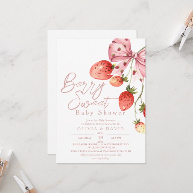 Minimal Sweet Berry Baby Shower Strawberry Invita Inbjudningar (Fram/Back In Situ)