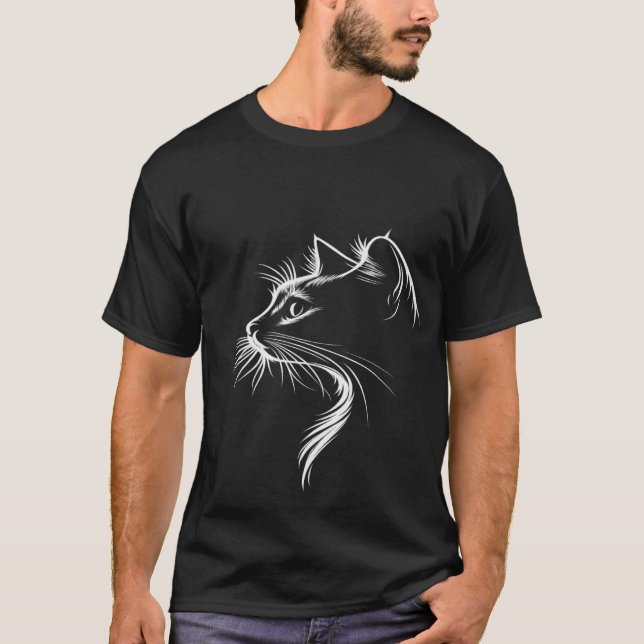 Minimal T-shirt med katt linjärt konstverk (Framsida)