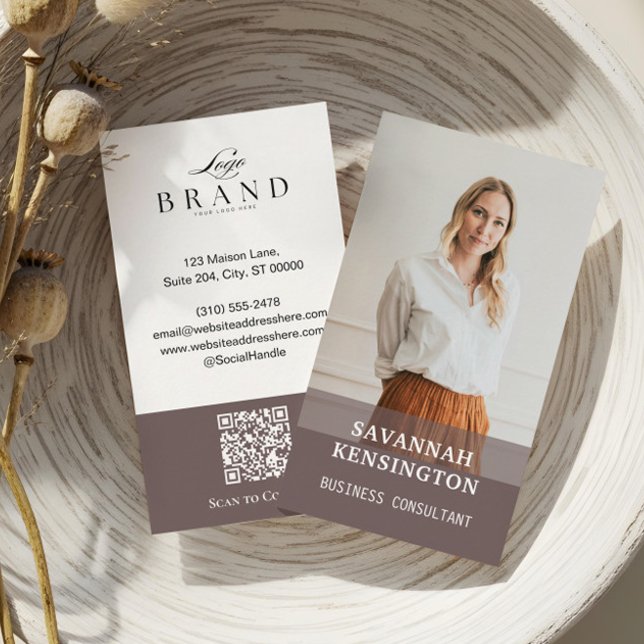 Minimal Taupe Modern Professionell Konsult Foto Visitkort (Minimal Modern Professional Photo Company Logo QR Business Card)