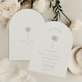 Minimal Taupe Palm Tree Beach Save The Date Inbjudningar