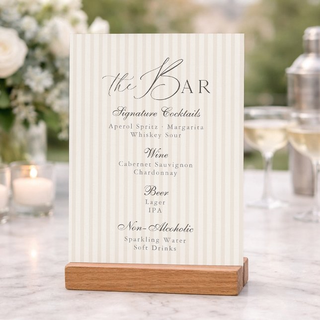 Minimal Taupe Stripe Wedding Bar Menu  Inbjudningar (Skapare uppladdad)