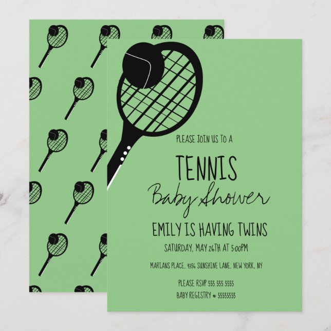 Minimal tennis sport baby shower grön inbjudan (Fram/baksida)