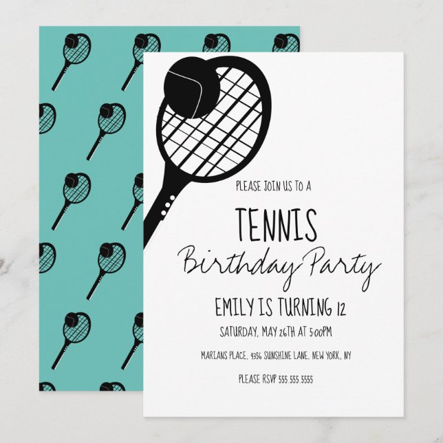 Minimal tennis sport födelsedag svart vit inbjudningar (Fram/baksida)