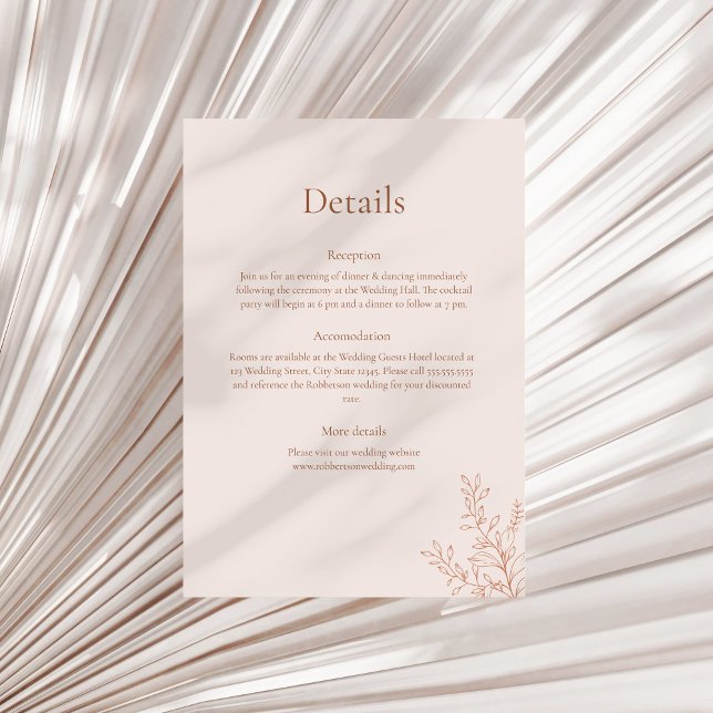 Minimal Terracotta Botanical Details Card Inbjudningar (Minimal Terracotta Botanical Details Card on a sunny neutral dry palm leaf.)