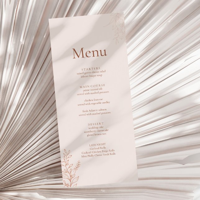 Minimal Terrakotta Botanisk Bröllopsmeny Meny (Minimal Terracotta Botanical Wedding Menu on a sunny neutral dry palm leaf.)