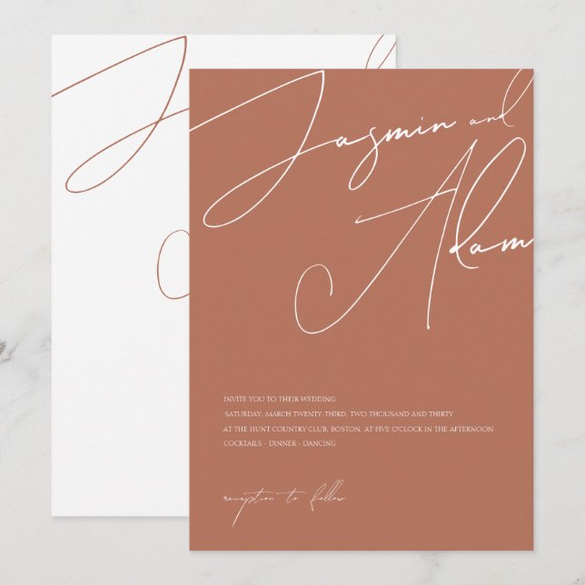 Minimal Terrakotta Script Typografi Bröllop Inbjudningar (Fram/baksida)