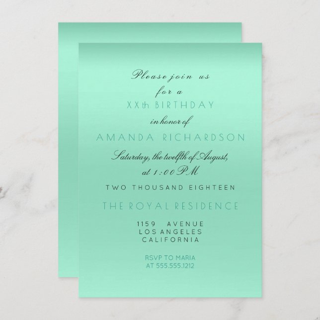 Minimal Tiffany Mint Grönt Möhippa Birthday Inbjudningar (Fram/baksida)