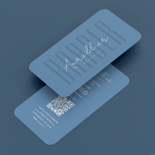 Minimal Travel Barber Dusty Blue Barbershop Script Visitkort