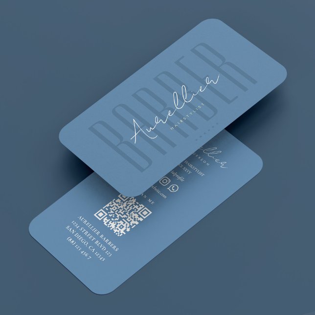 Minimal Travel Barber Dusty Blue Barbershop Script Visitkort (Minimal Travel Barber Dusty Blue Barbershop Script Business Card
)